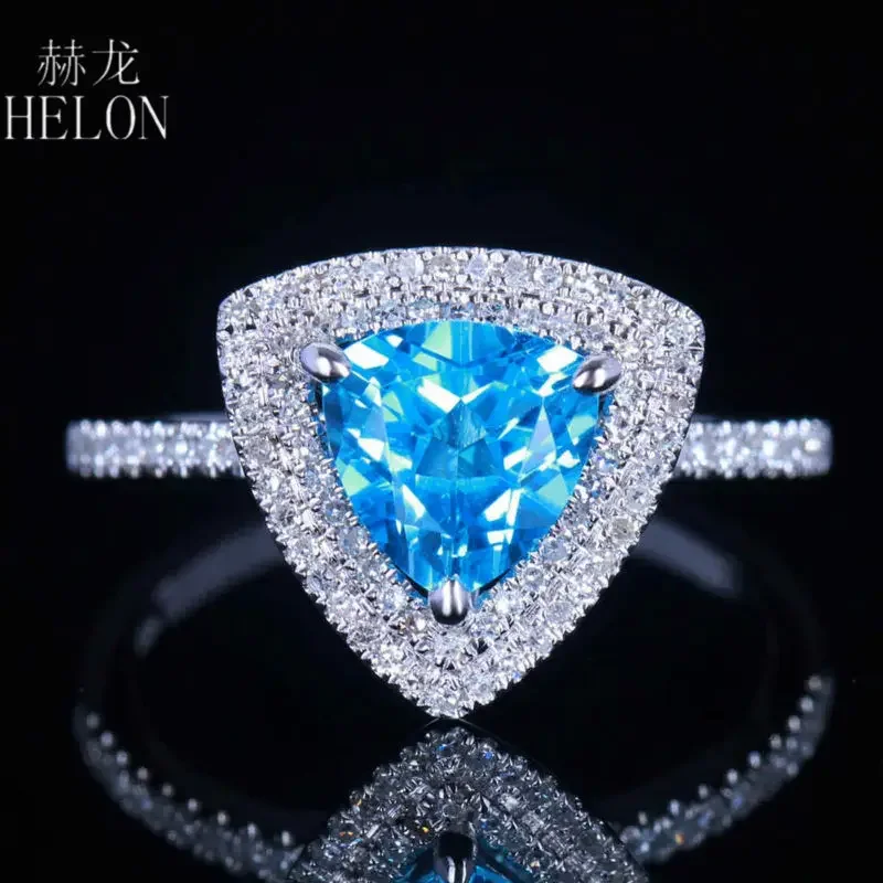 

HELON Solid 14k White Gold Trillion 7x7mm Genuine Bule Topaz Diamonds Engagement Ring Women Birthday Fine Jewelry Best Gift