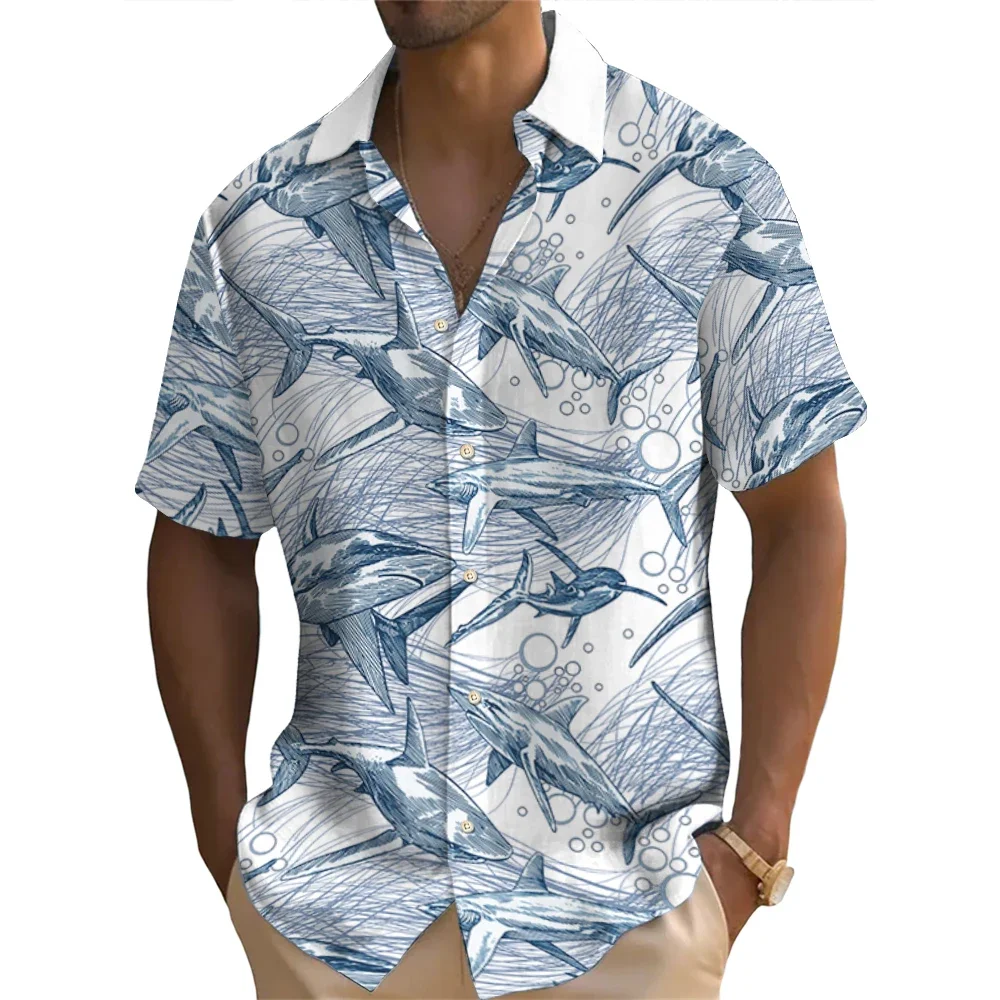 Hawaiian Shirt For Men Kawaii Shark Pattern Short Sleeved Shirts Casual Men's Streetwear New Loose Tops Oversized Original Shirt