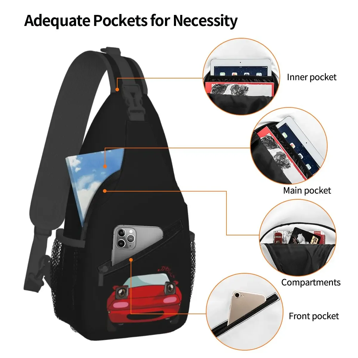 Mazda Miata Mx5 1990 Kawaii Chest Bag Men Sling Crossbody Backpack Chest Bag Traveling Hiking Daypack Shoulder Bag