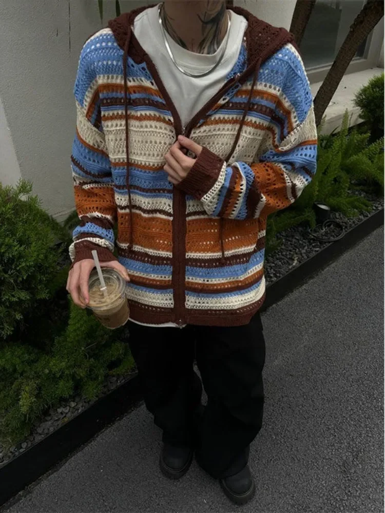 

Y2k Aesthetic Vintage Thin Knitted Hooded Cardigan Autumn Oversize Loose Stripe Women Sweater Zipper Harajuku Cardigans Femme