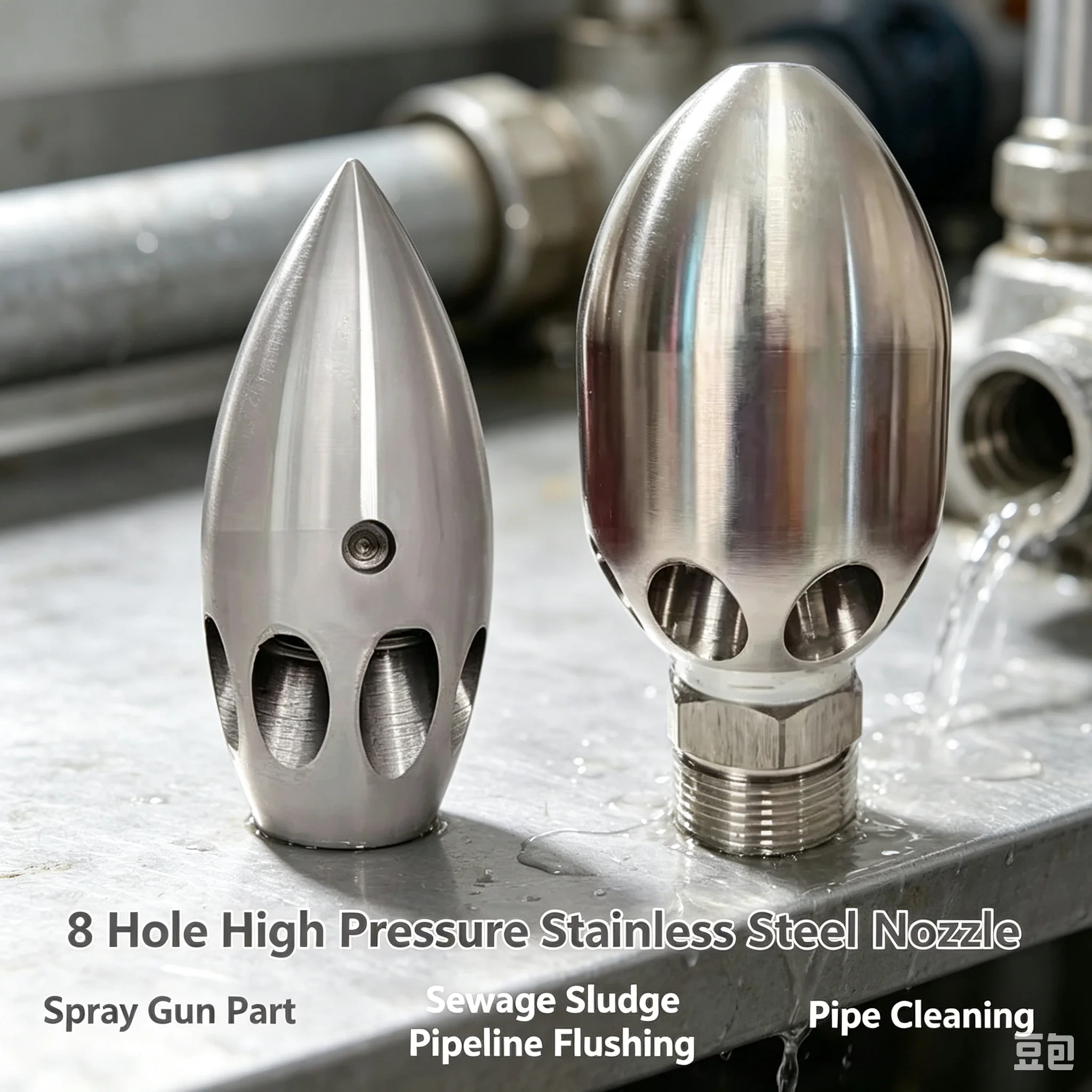 Stainless Steel 8 Orifice Jet Sprayer Component, Heavy Duty High Pressure Pipeline Washer for Sewage Sludge Disposal Inner Pipe