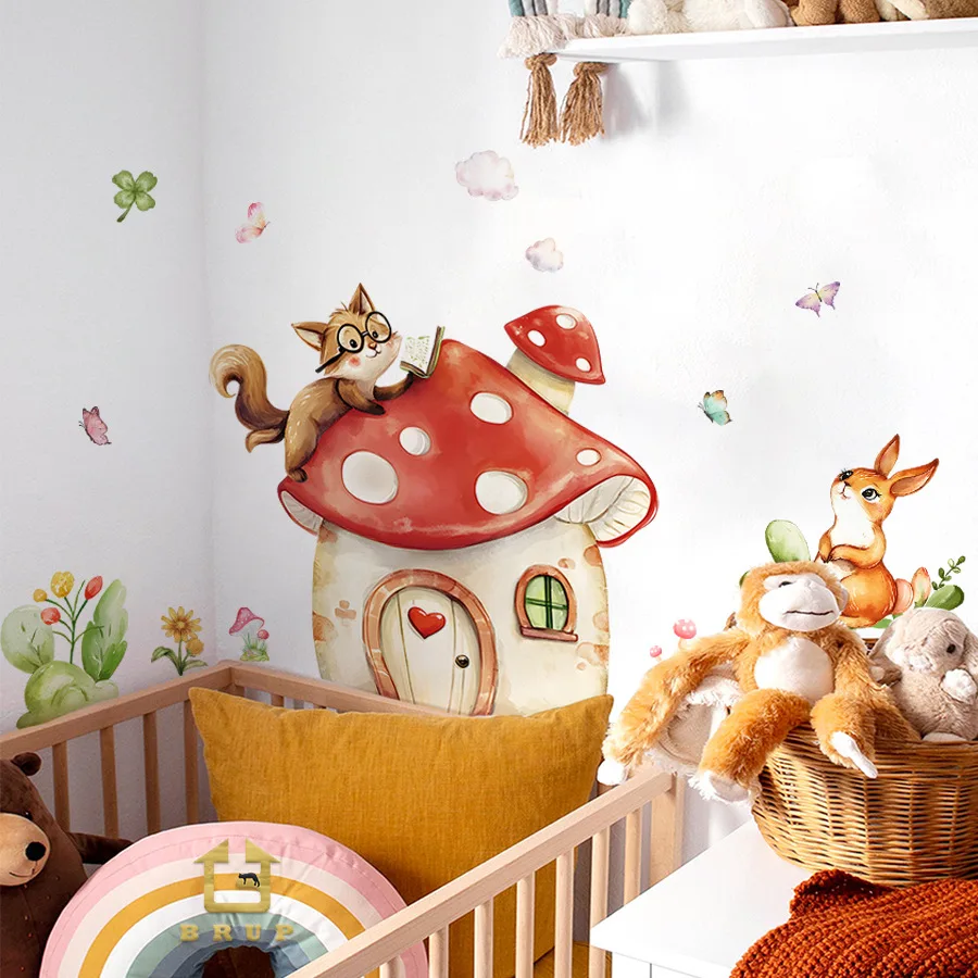 Cute Little Fox & Mushroom House Cartoon Wall Stickers Self-Adhesive Pink Warm Home Decor Decals