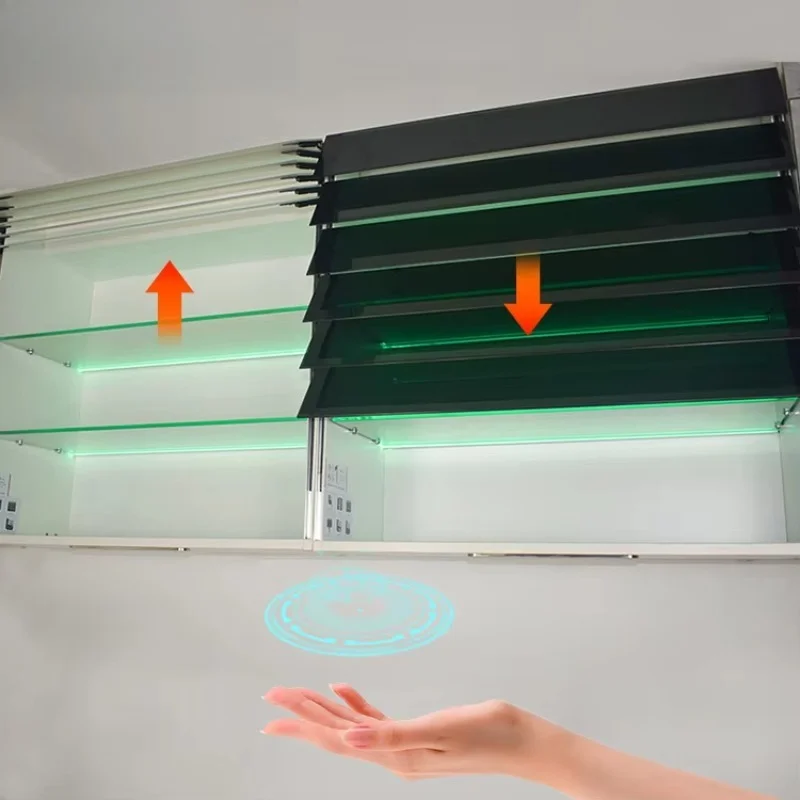 

Kitchen with Glass Roller Shutter Door Blinds Smart Wall Touch Sensor Cabinet