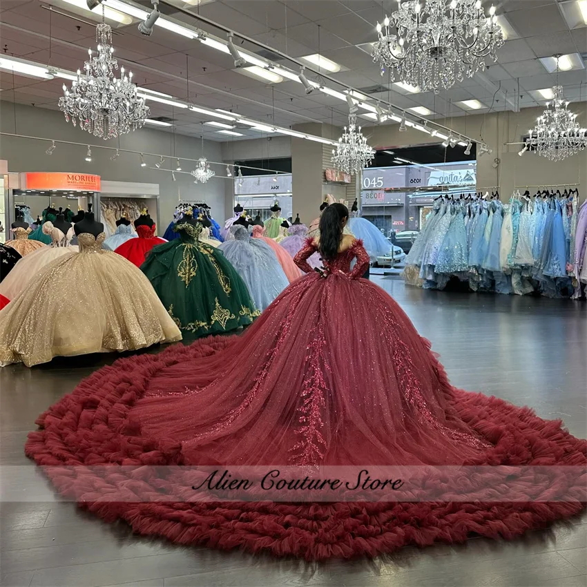 Vestido de quinceañera de princesa rojo vino brillante, manga larga, apliques, cuentas, volantes, dulce 16, vestido de baile, tren de corte personalizado