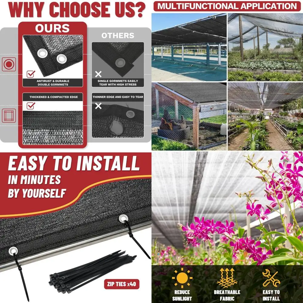 

70% Shade Cloth for Outdoor Plants, 12x24ft Black Tarps with Grommets & Zip Ties, UV Sun Block for Garden, Greenhouse, Carport,