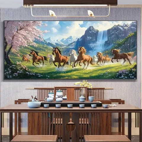 DIY Diamond Painting Picture Waterfall Mountain Nine Running Horses Full Square Mosaic 5D DIY Diamond Embroidery Sale Large Size