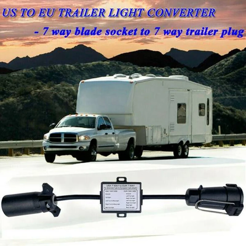 NEW-USA To EU Trailer Light Converter US 7-Way Blade Socket To EU 7-Pin Round Plug