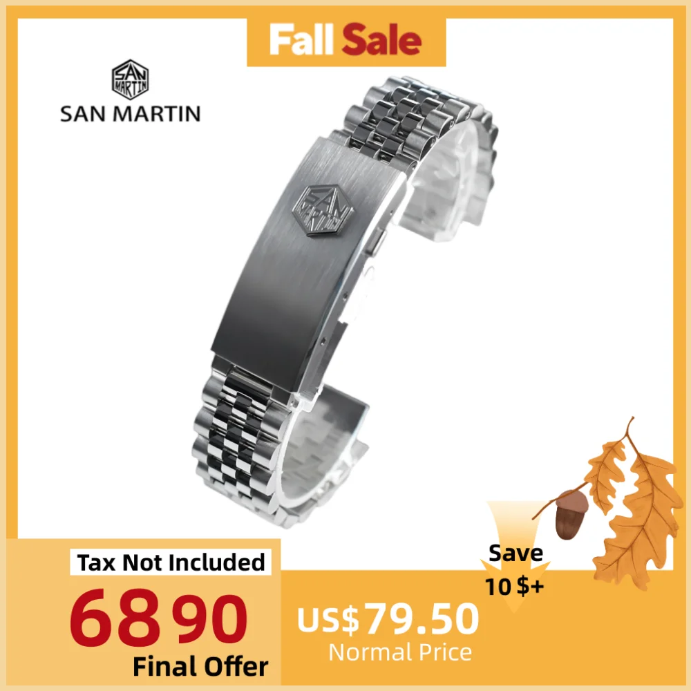 

San Martin 5-Link Steel Bracelet For 20mm Watch Fly Adjust Fold-Over Clasp Solid Curved End Links For SN0008 SN0128 Luxury