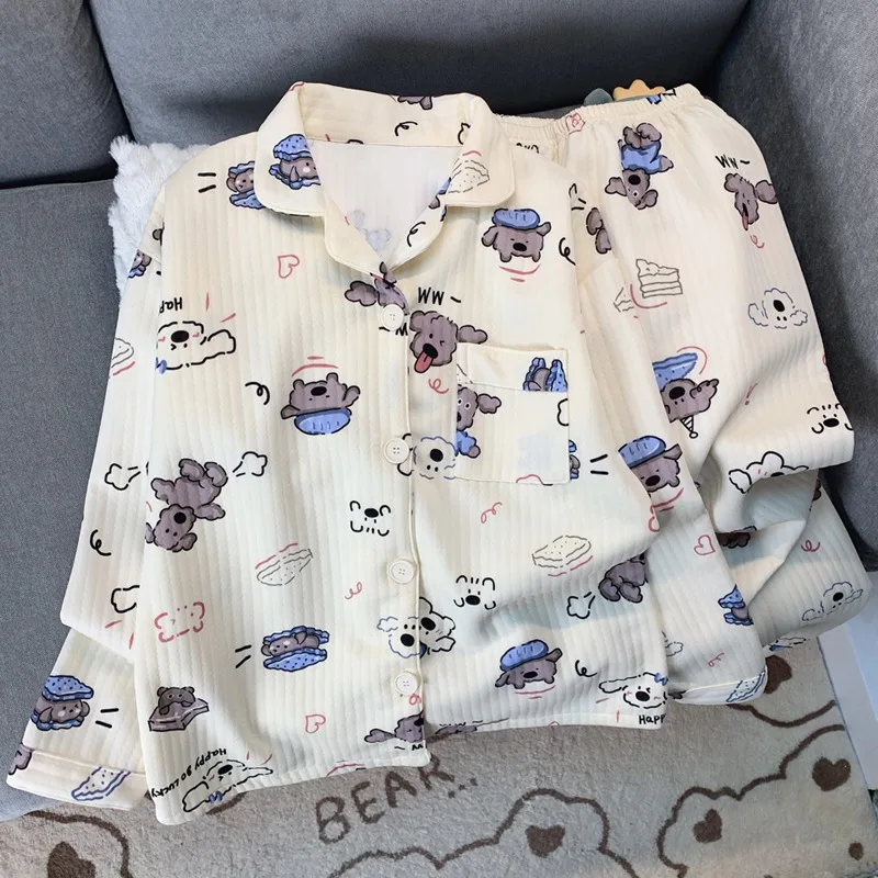 

Женский пижамный комплект в стиле Харадзюку с милой мультяшной собакой, Kawaii, милый модный новый комплект из 2 предметов, одежда для сна, осенне-зимняя милая одежда для дома