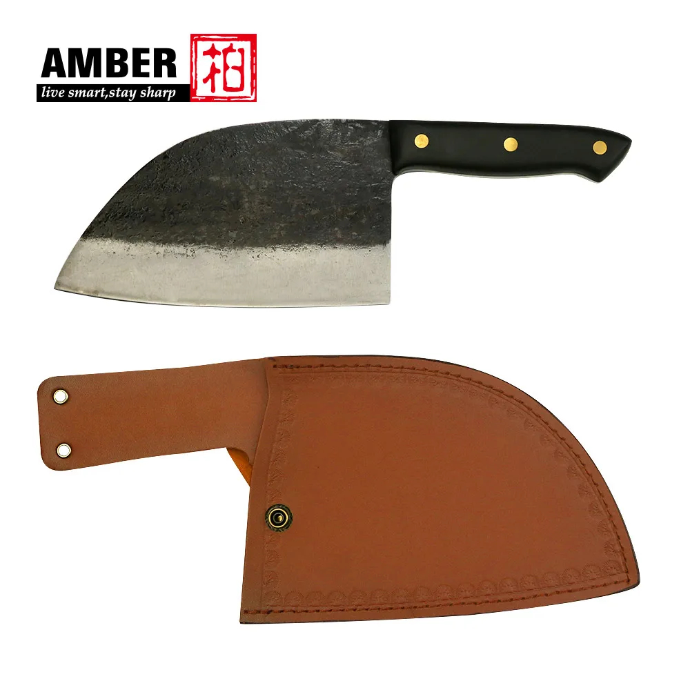 Amber Full Tang Handmade Kitchen Butcher Knife High Carbon 5Cr15MoV Steel Cleaver Filleting Knife with Cover Sheath wood handle