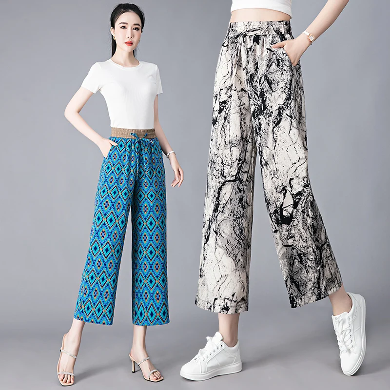 

Summer Thin Loose Cropped Pants Print Elastic High Waist Patchwork Pockets Drawstring Fashion Versatile Straight Wide Leg Pants