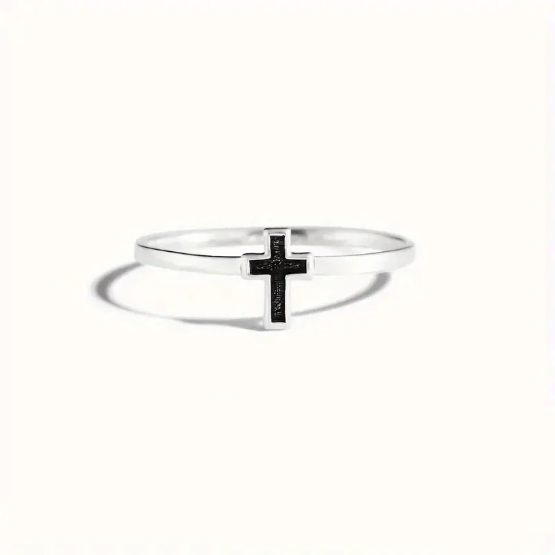 Huitan Black Cross Women Ring Silver Color Simple Style Party Daily Fashion Versatile Female Finger Accessories Fancy Jewelry