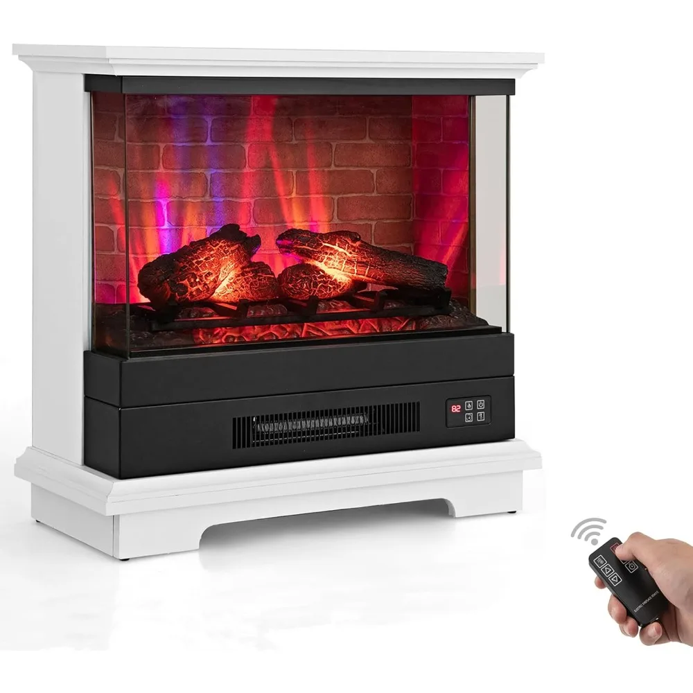 27” Electric Fireplace with Mantel, 3-Sided Glass View, Wooden Surround Firebox, Freestanding Fireplace Heater w/7 Flame Colors