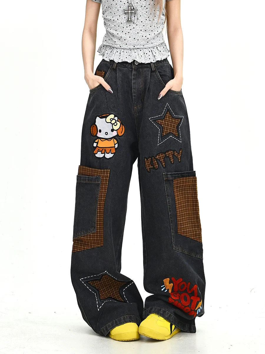 

Женские летние новые свободные джинсы с узором в стиле BF, американские ретро-брюки в пол, широкие штаны, модные карго-шорты