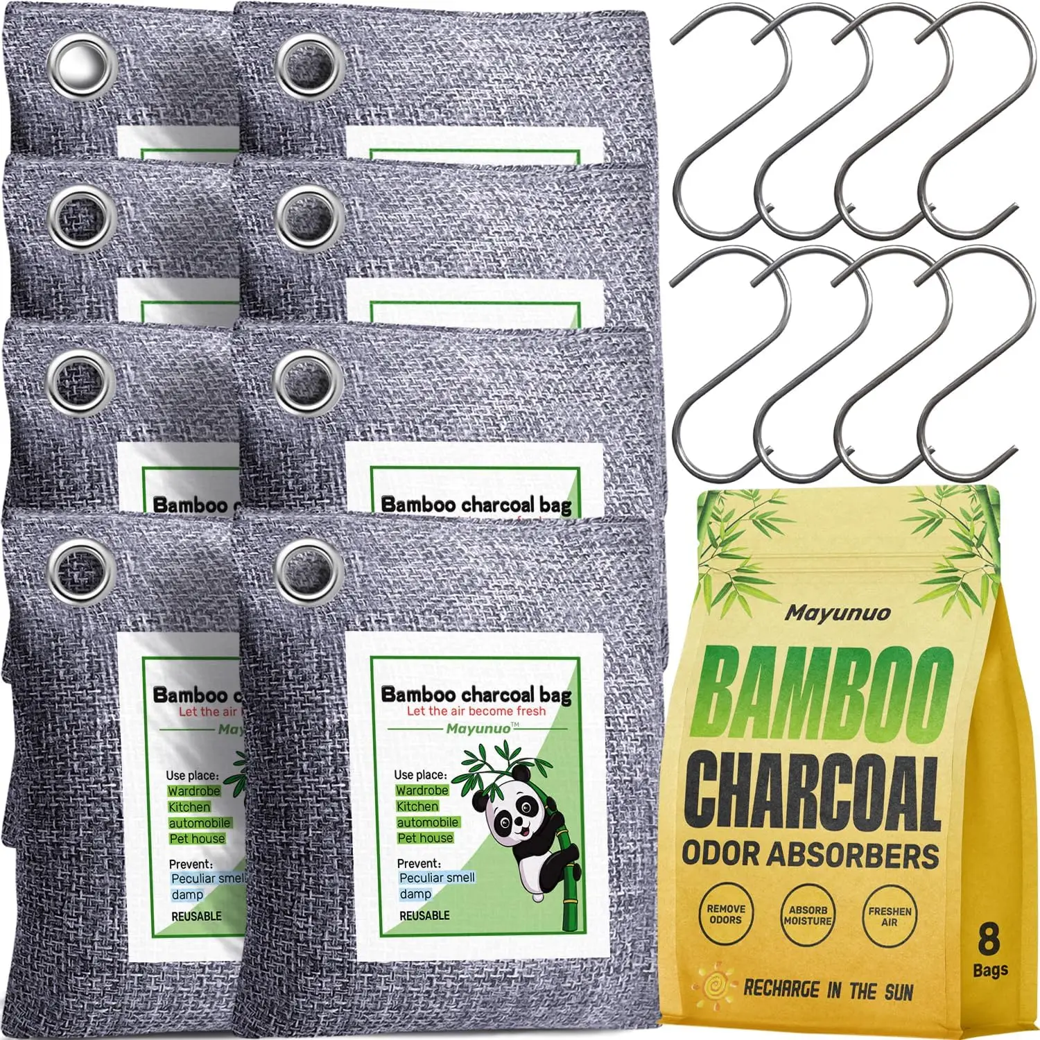 

Activated Charcoal Odor Absorber for Strong Odor, Basement, Cars, Closets, Shoes, Smoke - 8 Pack Bamboo Air Purifying Bags