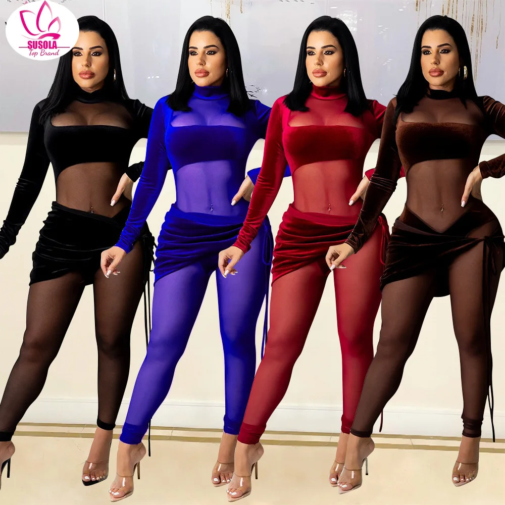 

SUSOLA Lady Sheer Mesh Patchwork Velvet Jumpsuit Women Sexy See Through Mock Neck Long Sleeve Skinny Overalls Night Club Wear