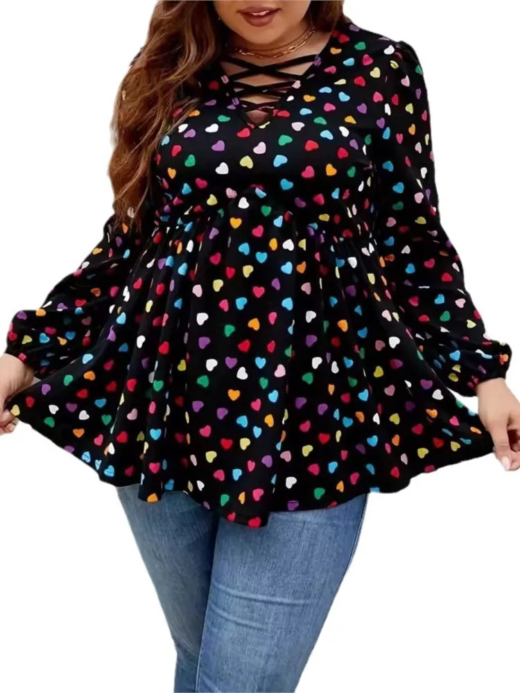 Plus Size Spring Summer Love Print Pullover Tops Women Ruffle Pleated Fashion Ladies Blouses Long Sleeve Casual Loose Woman Tops