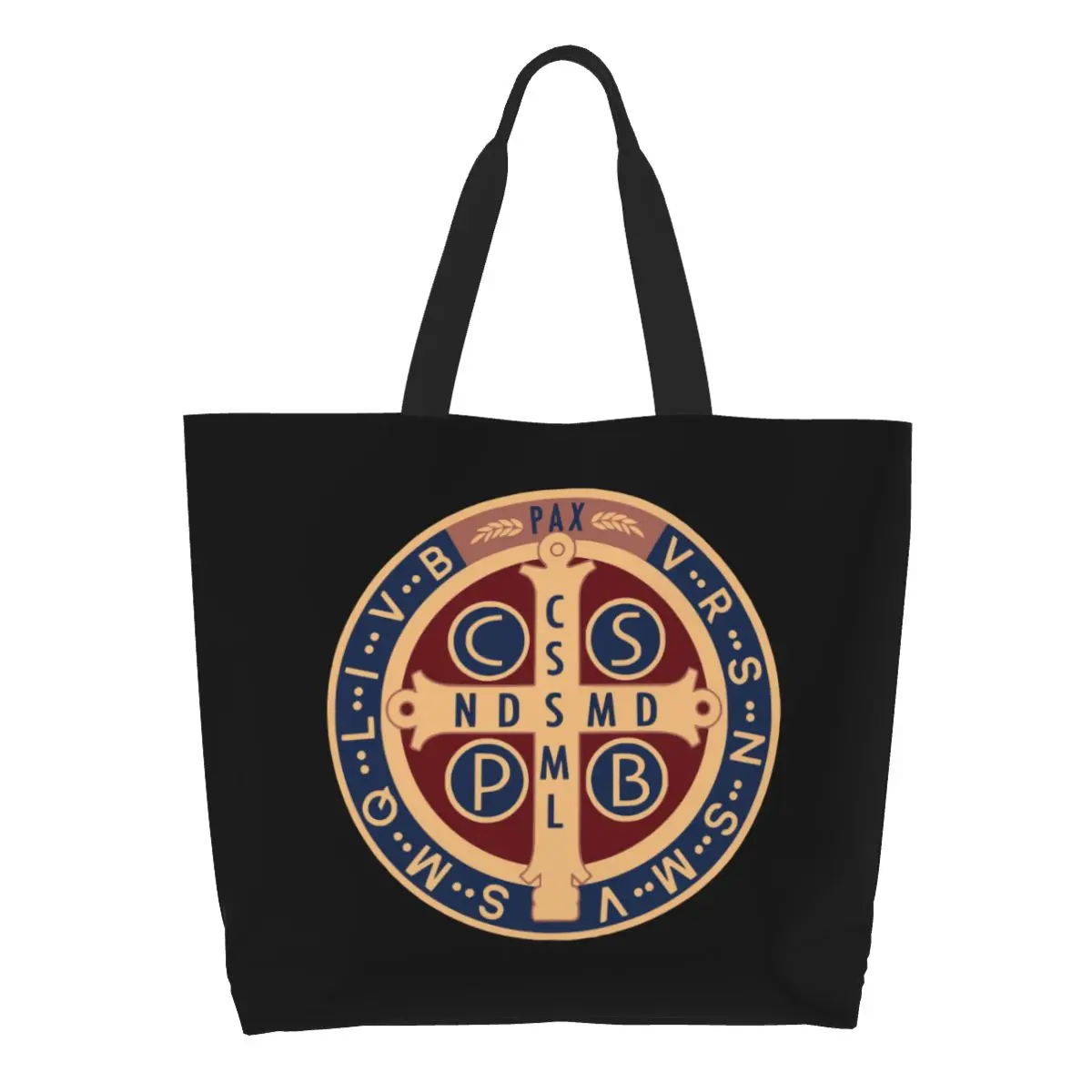 Saint Benedict Medal Grocery Shopping Bag Printing Canvas Shopper Tote Shoulder Bags Big Capacity Durable Jesus Catholic Handbag