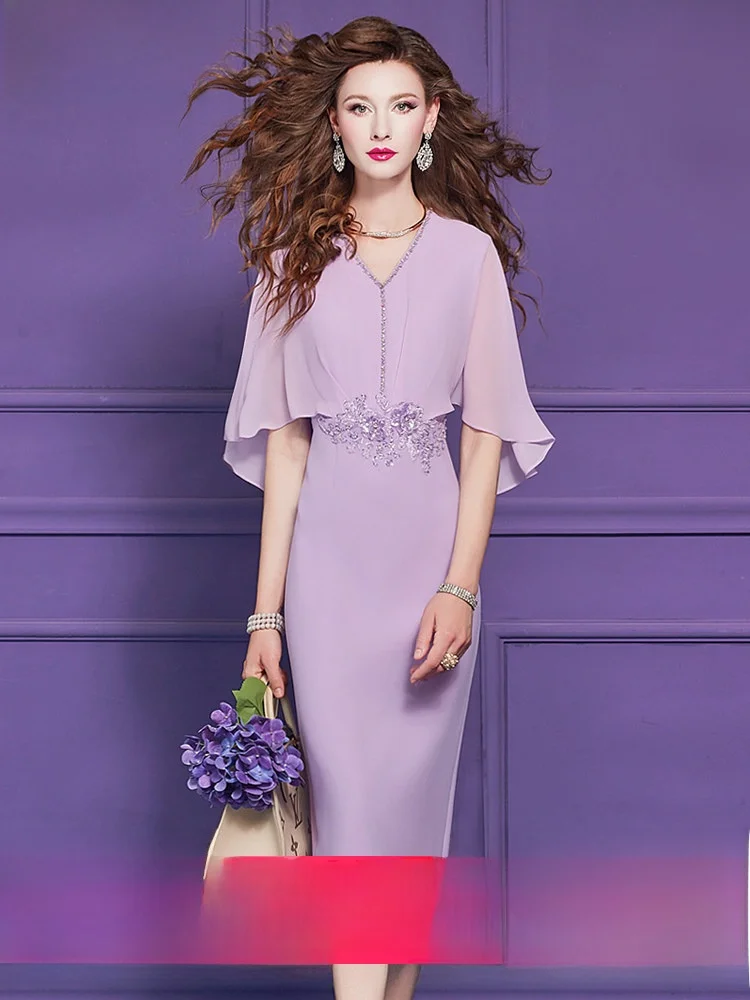 Elegant Purple Sequin Short Sleeve Women's Dress High Waist Slim Fit City Commute V-neck Back Zipper H-shaped One-step Skirt