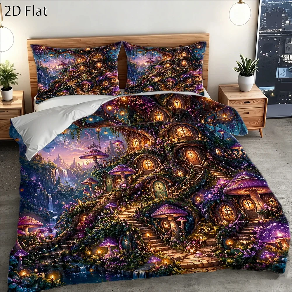 3Pc Dreamy Forest Treehouse Mushroom Castle Duvet Cover Set, (1*Duvet Cover + 2*Pillowcases) Three-Piece Bedding Set, Suitable for All Seasons, Machine Washable, Invisible Zipper Design, Large Double Bed Cover, Suitable for Home, Dorm, Master Bedroom, Guest Room, Fairy Tale Style Fantasy Print, Magic Forest Theme, Cozy and Romantic Atmosphere, Comfortable Skin-Friendly Fabric, Highly Decorative