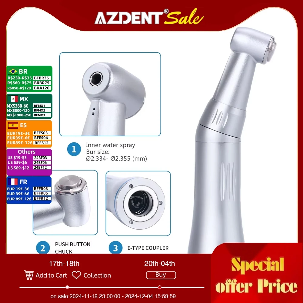 Azdent Dental Low Speed Contra Angle Handpiece Push Button Inner Water Spray Channel Bur size: Φ2.334-Φ2.355 (mm)