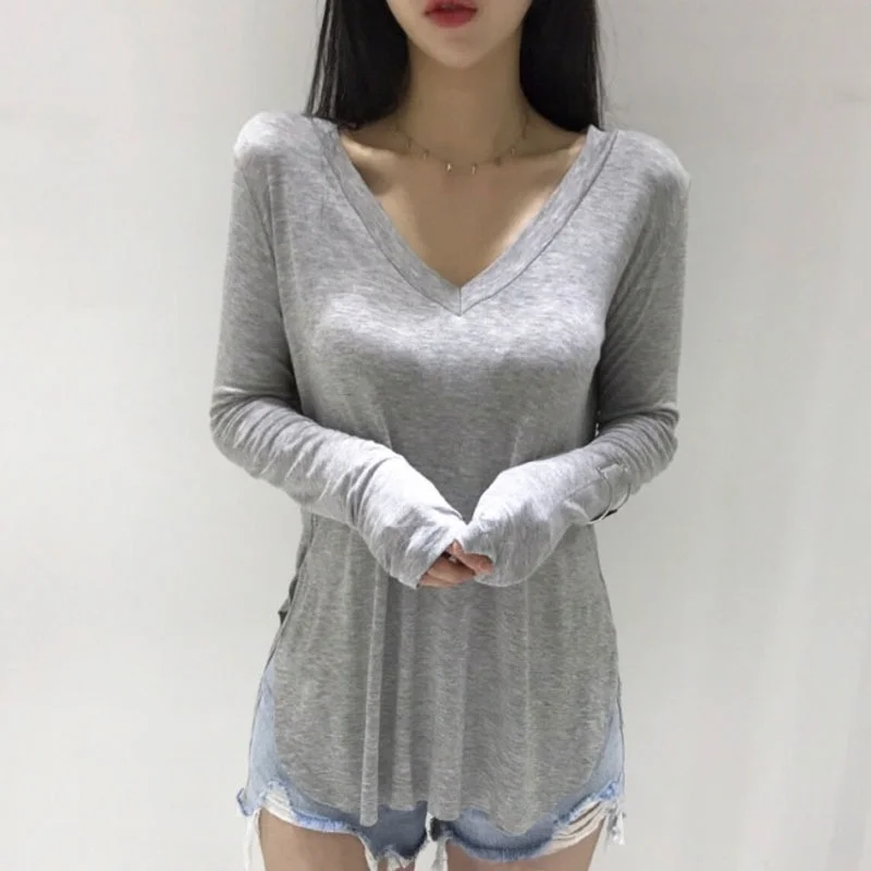 Loose Long Sleeve Modal T-Shirt Women's Spring New Korean Version Pure Desire Sexy Prevent Top Thin V-Neck Side Slit Design