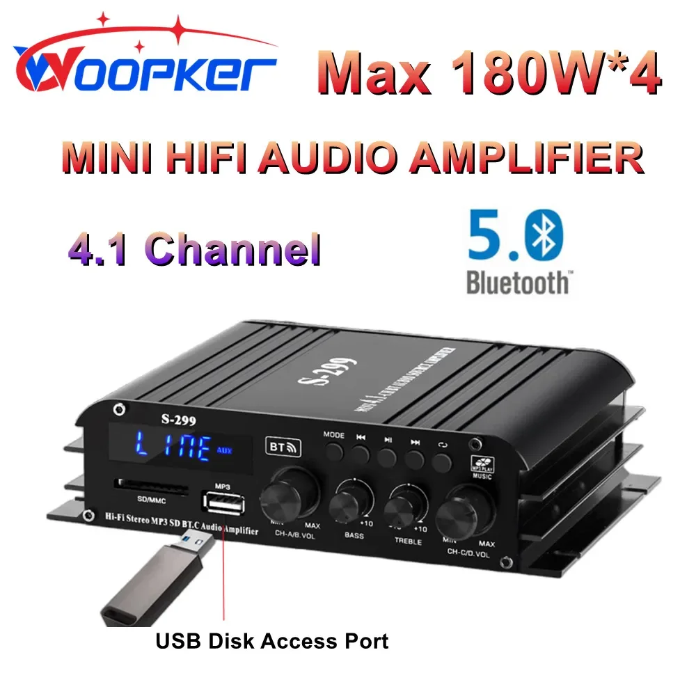 Woopker S-299 4.1 Channel Audio Digital Power Amplifier Bluetooth 5.0 Portable Car and Home Dual-use 4*40W Remote Control Player Woopker S-299 4.1 Channel Audio Digital Power Amplifier Bluetooth 5.0 Portable Car and Home Dual-use 4*40W Remote Control Player