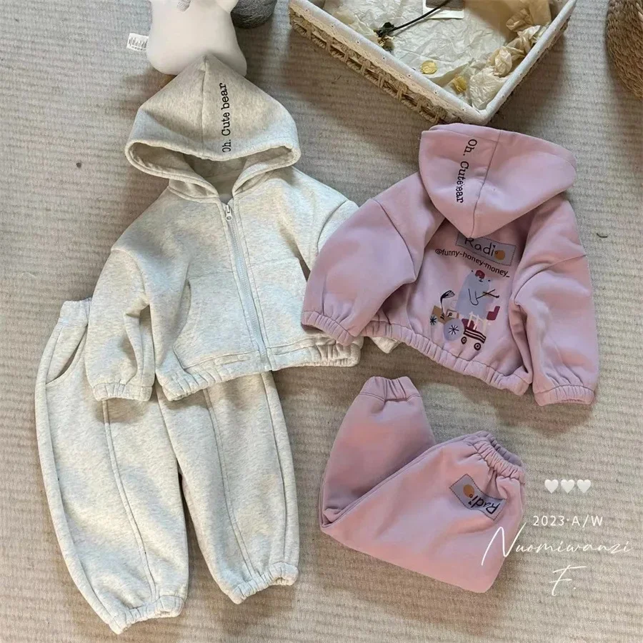 2024 Korea Baby Boys Girls Fashion Clothing Set Cute Bear Printed Hoodies Jackets+pants,Kids Children Birthday Casual Clothes