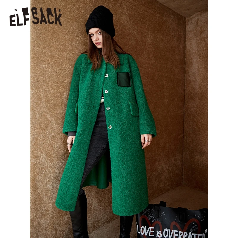 ELFSACK Green Warm Wool Coats Women Winter Long Outwears