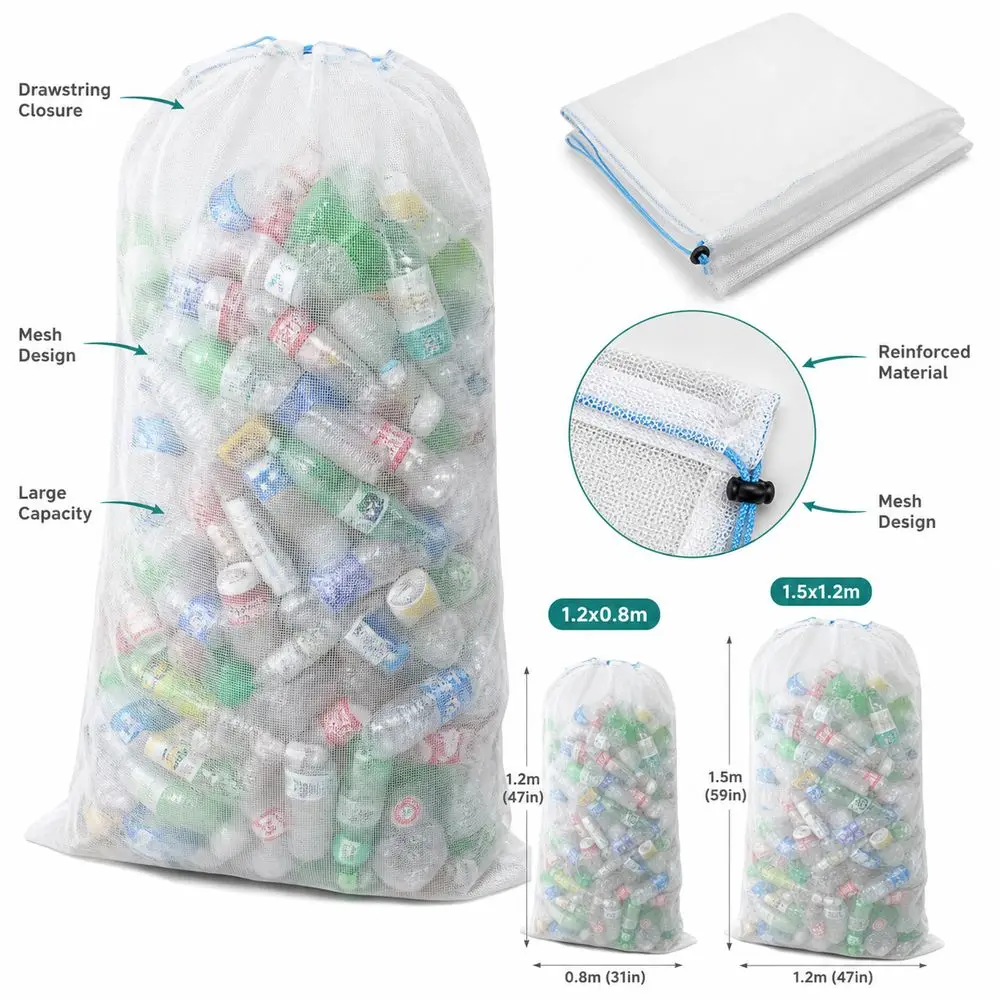 Polyester Bottle Bag Reinforced Mesh Thickened Construction Mesh Recycling Bag Drawstring Closure Plastic Bottle Recycling