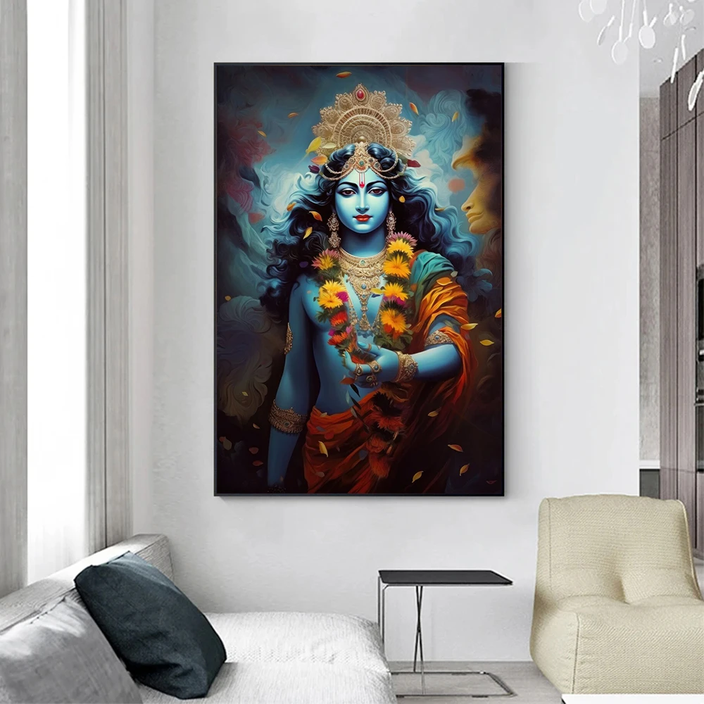 Modern Indian Krishna Hindu God Print Canvas Painting, Krishna Portrait Poster Wall Art for Living Room Bedroom Decor, No Frame