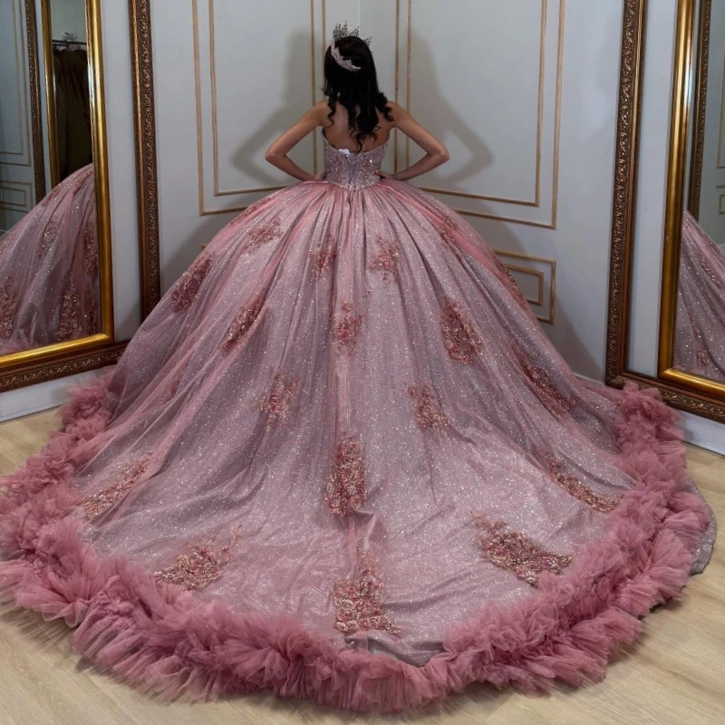 Pink Shiny Quinceanera Dresses Ball Gown Off The Shoulder Applique Lace Beading Crystal Tiered Tull Sweet 16 Dress Vestidos 15