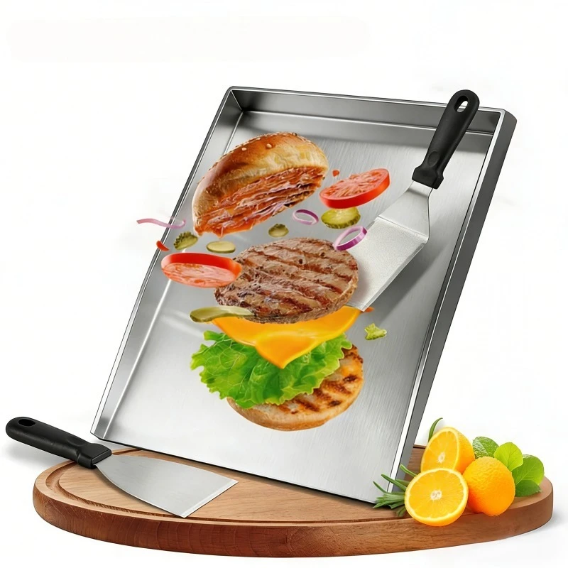 Piastra per grigliare in acciaio inox con set di spatole, piastra per griglia piatta, griglia antiaderente in metallo per hamburger, bistecche, barbec