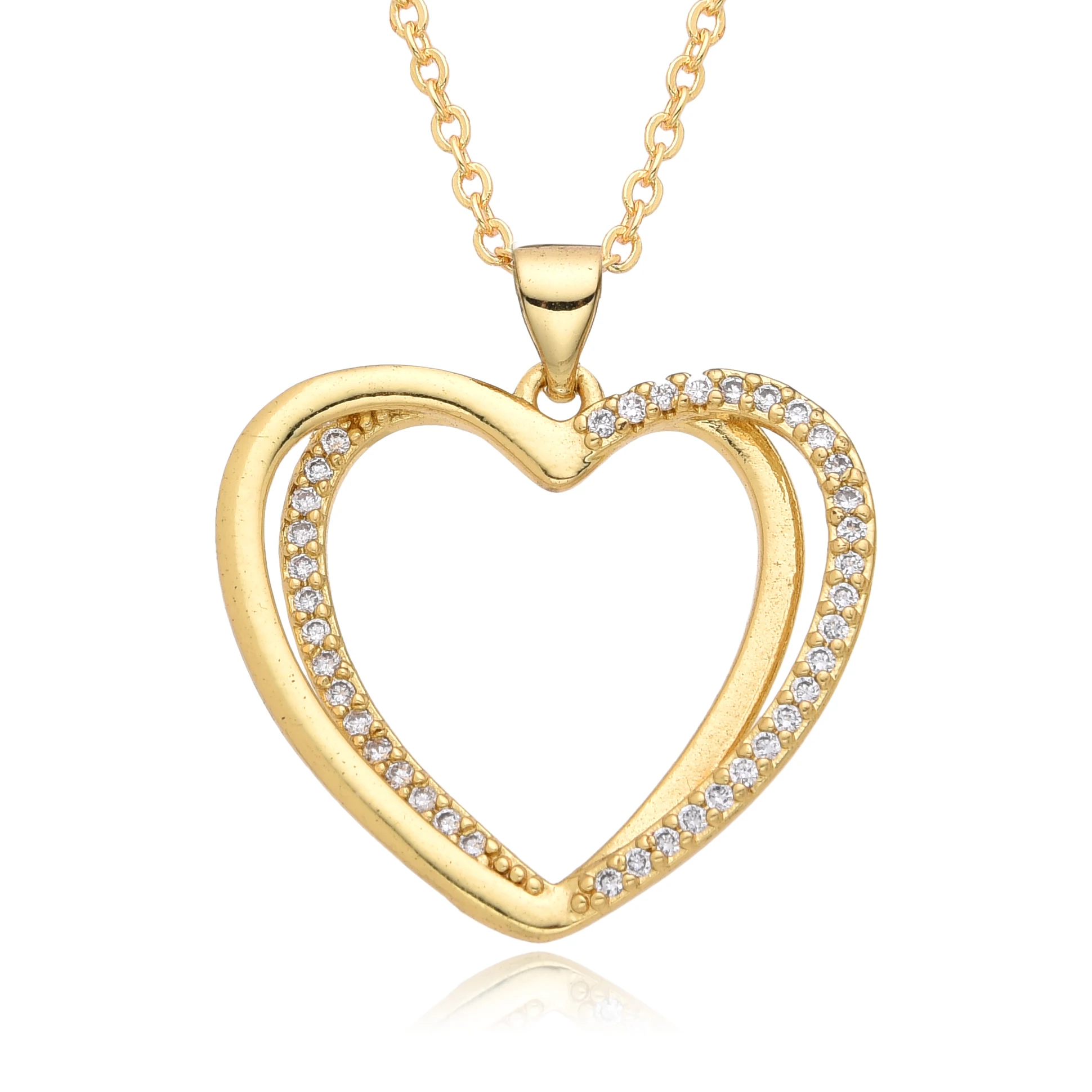 Gold Plated Grooved Double Hearts Pendant Zirconia Paved Love Necklace Flower Edges Hollow Charms Valentine's Day Gifts Jewelry