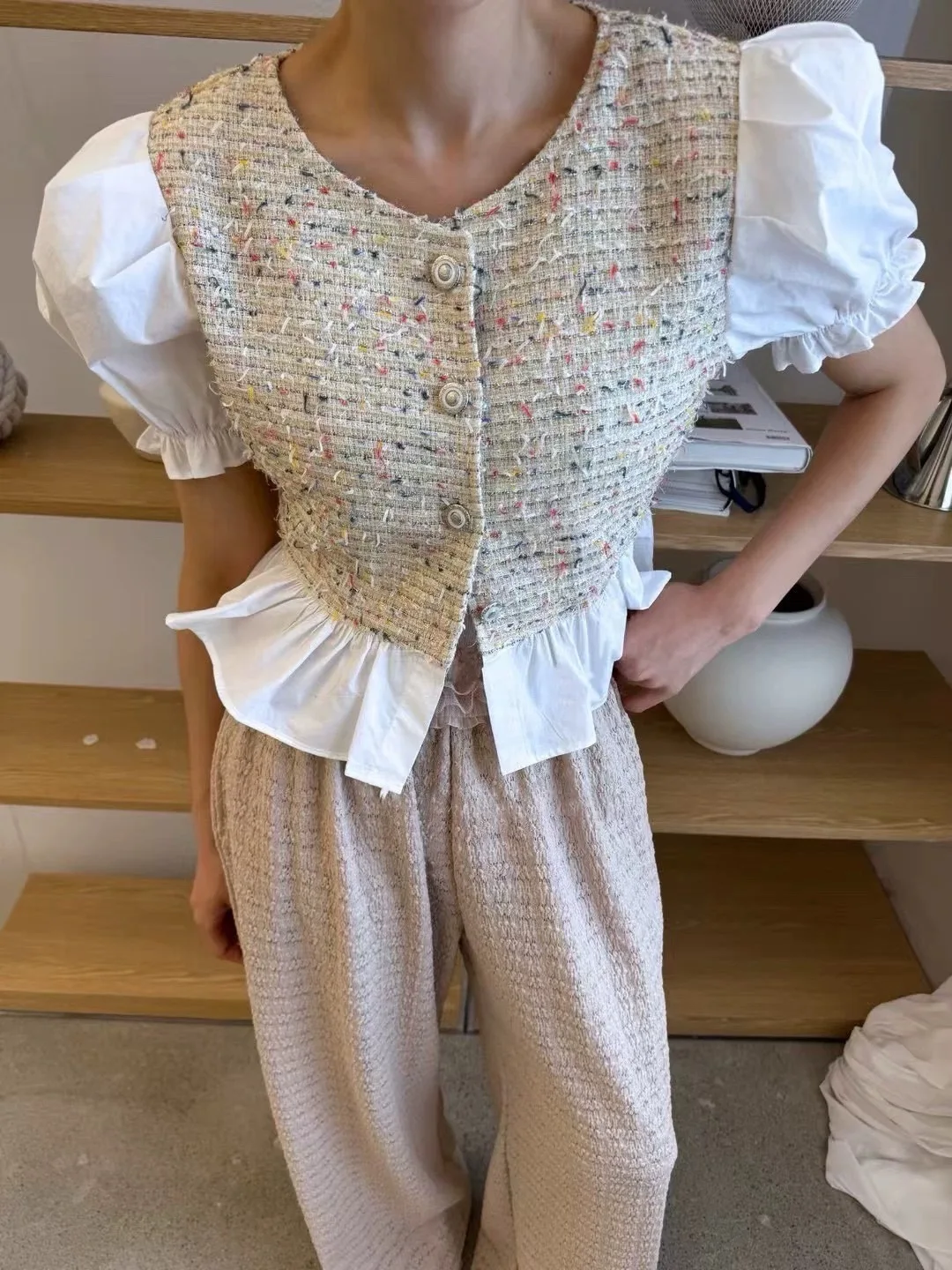 

Summer New Sle Women's Bubble Sve Jaet Patchwork Ruffle Striped Outerwear Vintage Aesthetic Small Fraance Sle