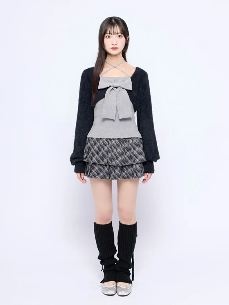 2025 estilo japonês doce grande arco colete de malha cardigan conjunto de 2 peças primavera outono novo feminino emagrecimento elegante camisola casual