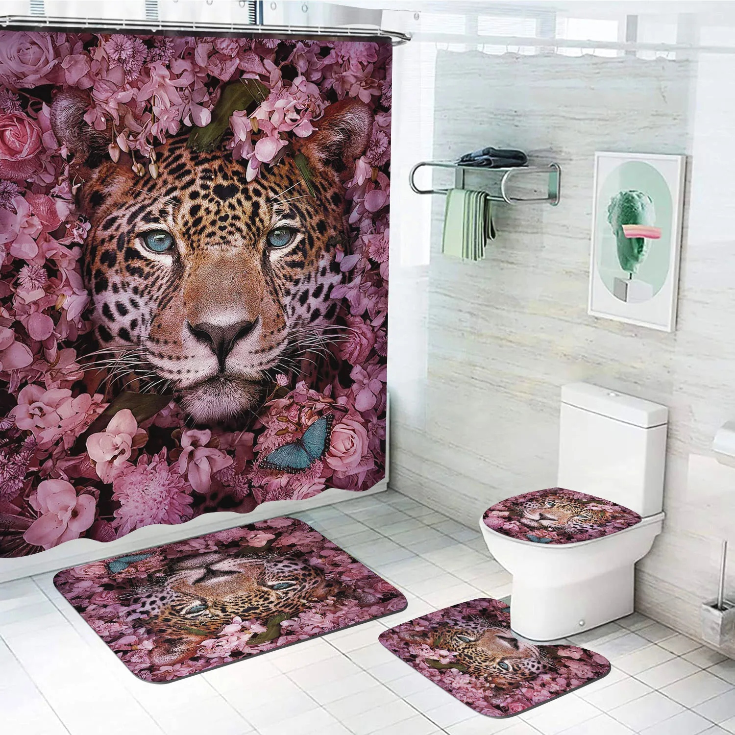 

4Pcs Wild Animal Flower Bathroom Set, Waterproof Shower Curtain with Toilet Cover Mat, Non-Slip Bath Rug Set for Bathroom Decor