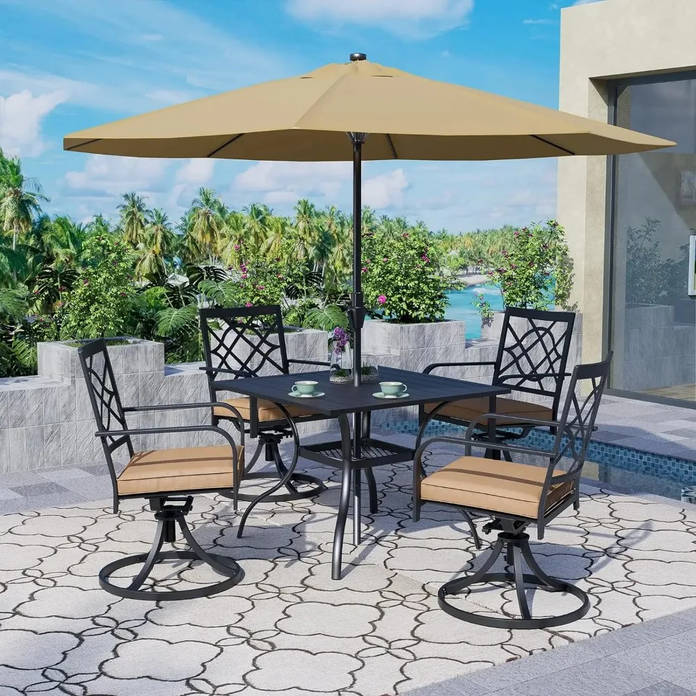 

Outdoor Patio Dining Set, Table and Chair Set, Metal Stacking Chairs, Slatted Table Top with 1.57-Inch Umbrella Holes