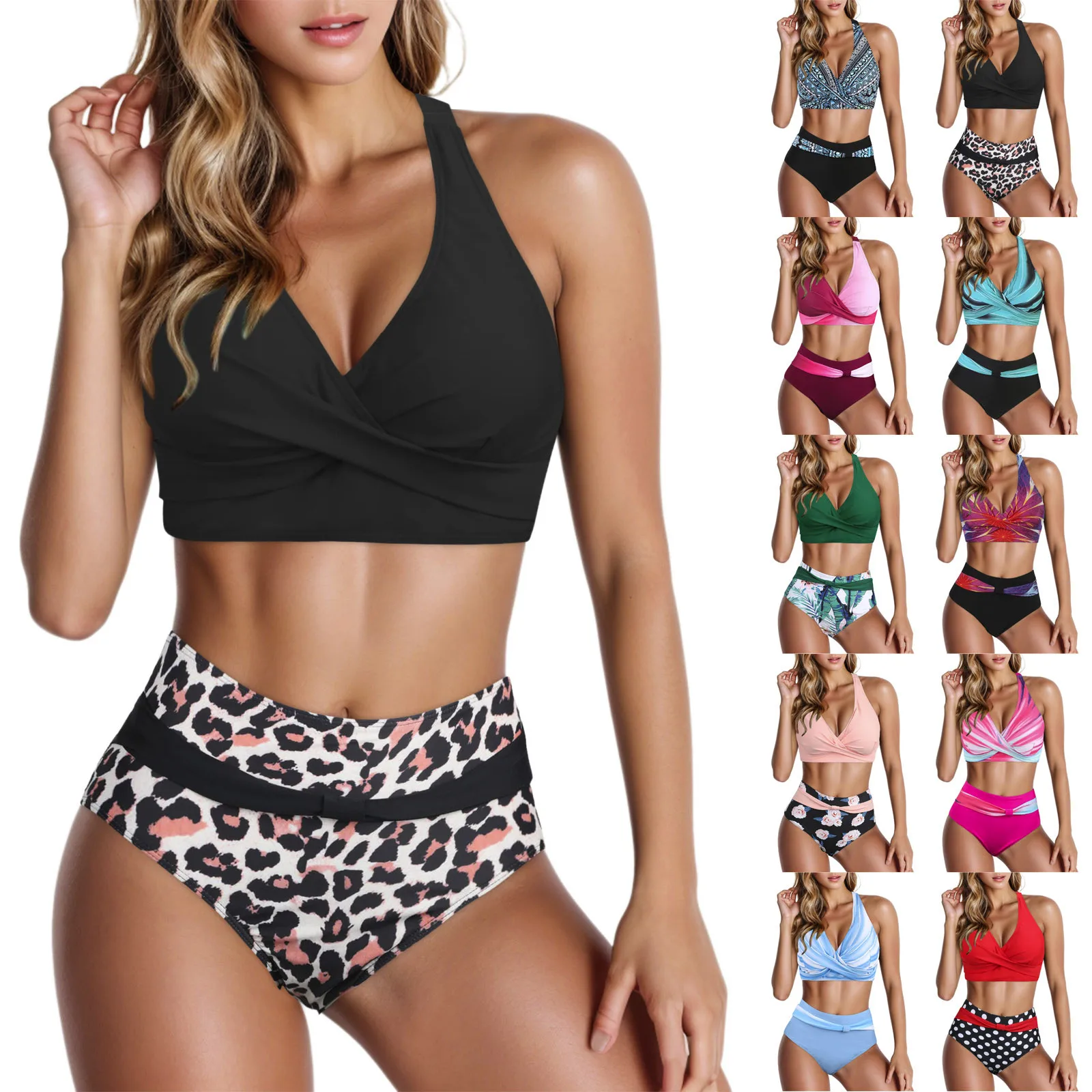 Fashion Womens High Waisted Bikini Push Up Vintage Swimsuits Halter Top Tummy Control Ruched Bottom Two Piece Bathing Suits