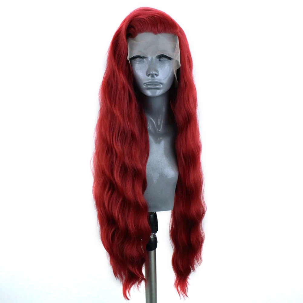 Wig Merah Karisma Wig Depan Renda Sintetis Panjang Bergelombang untuk Wanita Wig Renda Garis Rambut Alami Serat Tahan Panas Cosplay