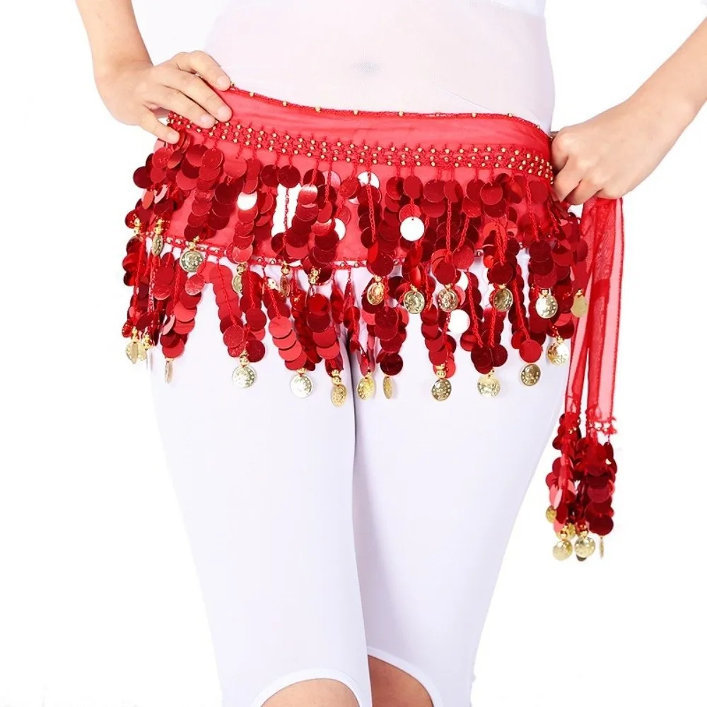 

New Belly Dance Belt Belly Dance Hip Scarf with Gold Color Coin Tassel Waist Chain Sequins Hip Scarf Show Costumes