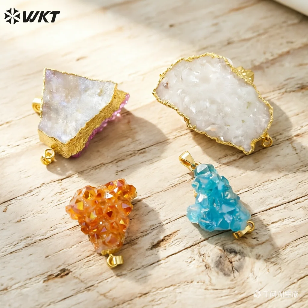 WT-P1917 WKT Vintage Style Natural Gold Trim Druzy Cluster Quartz Stone Jewelry Pendant Lady Energy colorful Aura Pendants