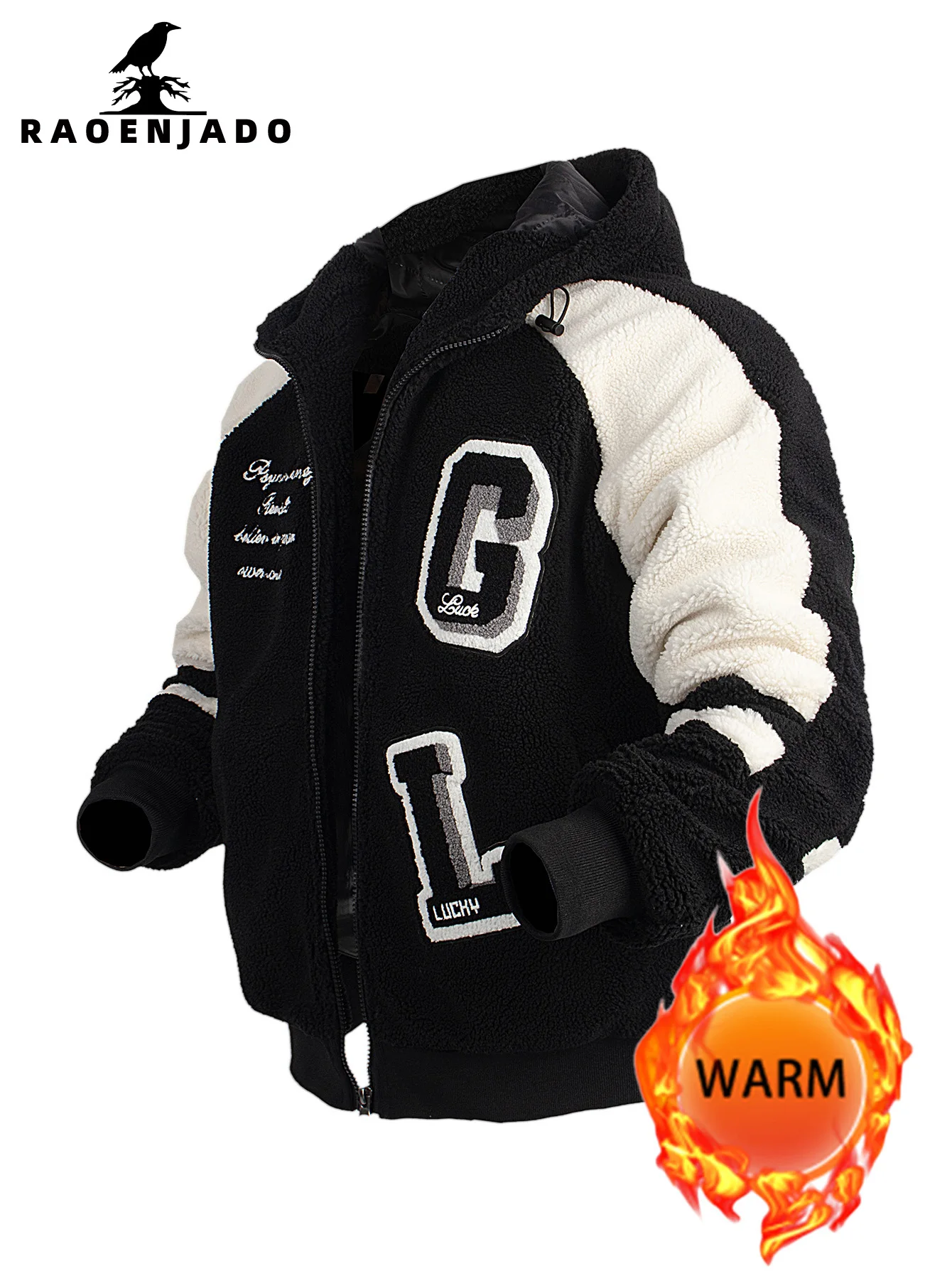 

Men's Hooded Fleece Zip Jacket Thickened Warm Autumn&Winter Outerwear with Pockets Color-blocked embroidery Casual Loose Coat