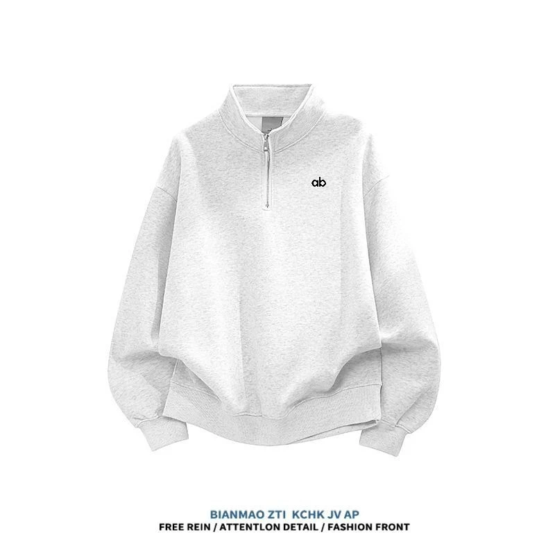 2026 Autumn Winter Unisex Light Gray Half‑Zip Stand Collar Sweatshirt Y2K Vintage Streetwear Korean Style Casual Pullover Tops
