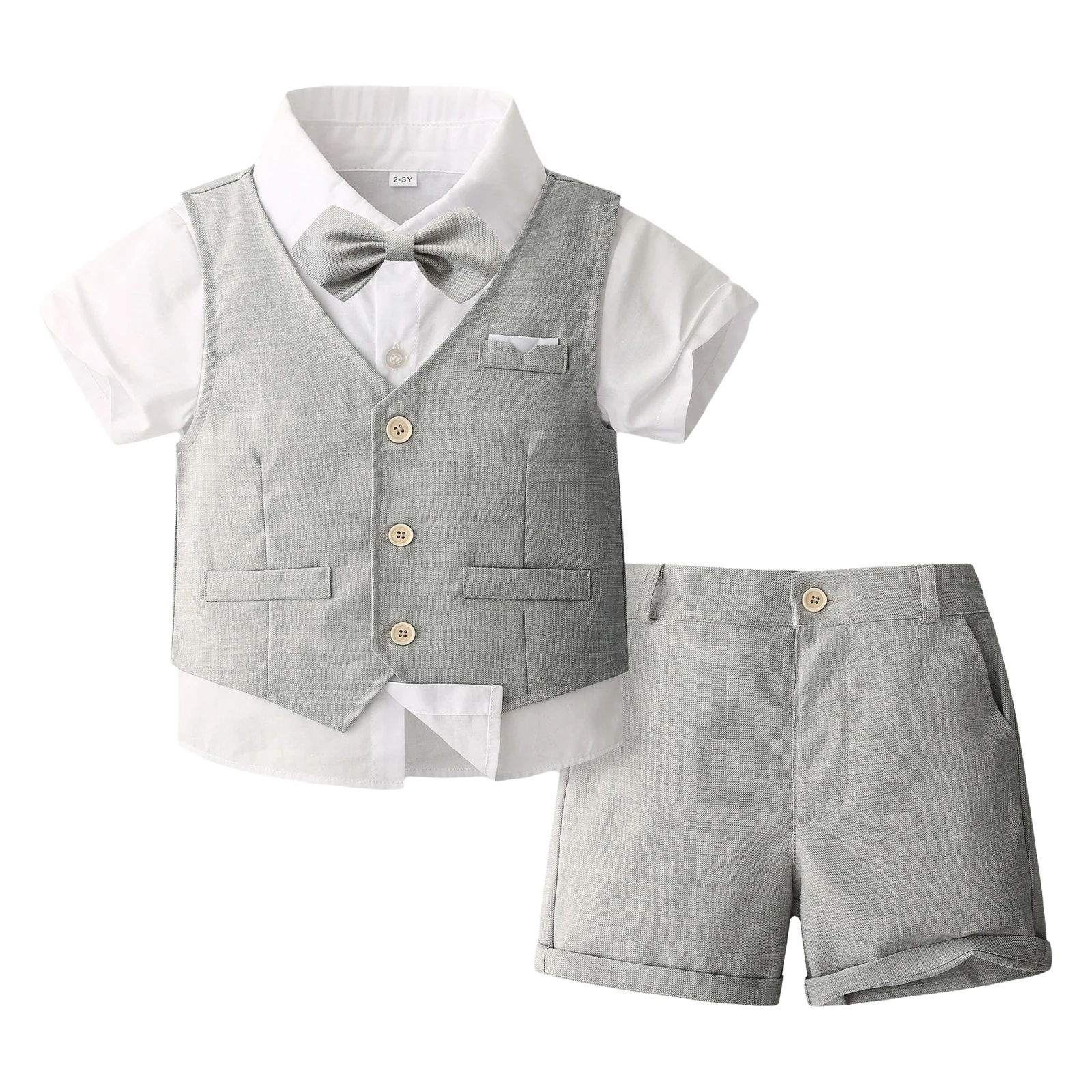 

Baby Boys Formal Gentleman Suit Summer Short Sleeve Bowtie Shirt with Waistcoat Shorts Set Baptism Wedding Party Clothes Outfits