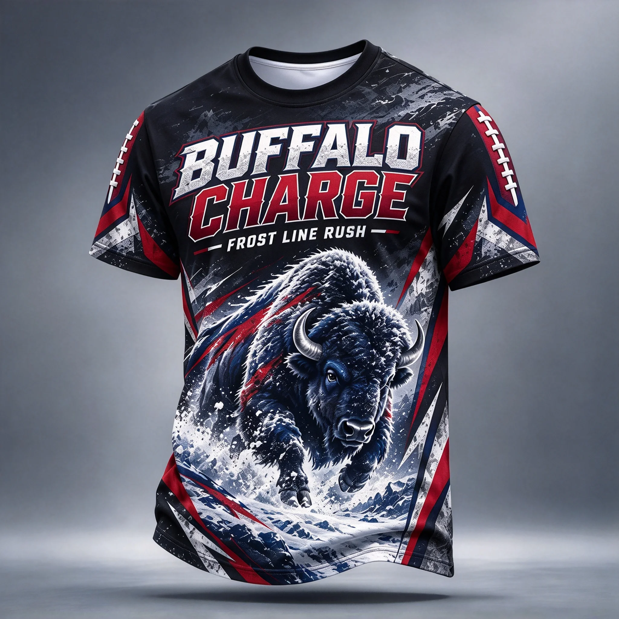 Wild Snow Mountain Bison Men Fan Short Sleeve T‑Shirt Bold Letter Geometric Angle Decor Football Sports Casual Tee Multi‑Color
