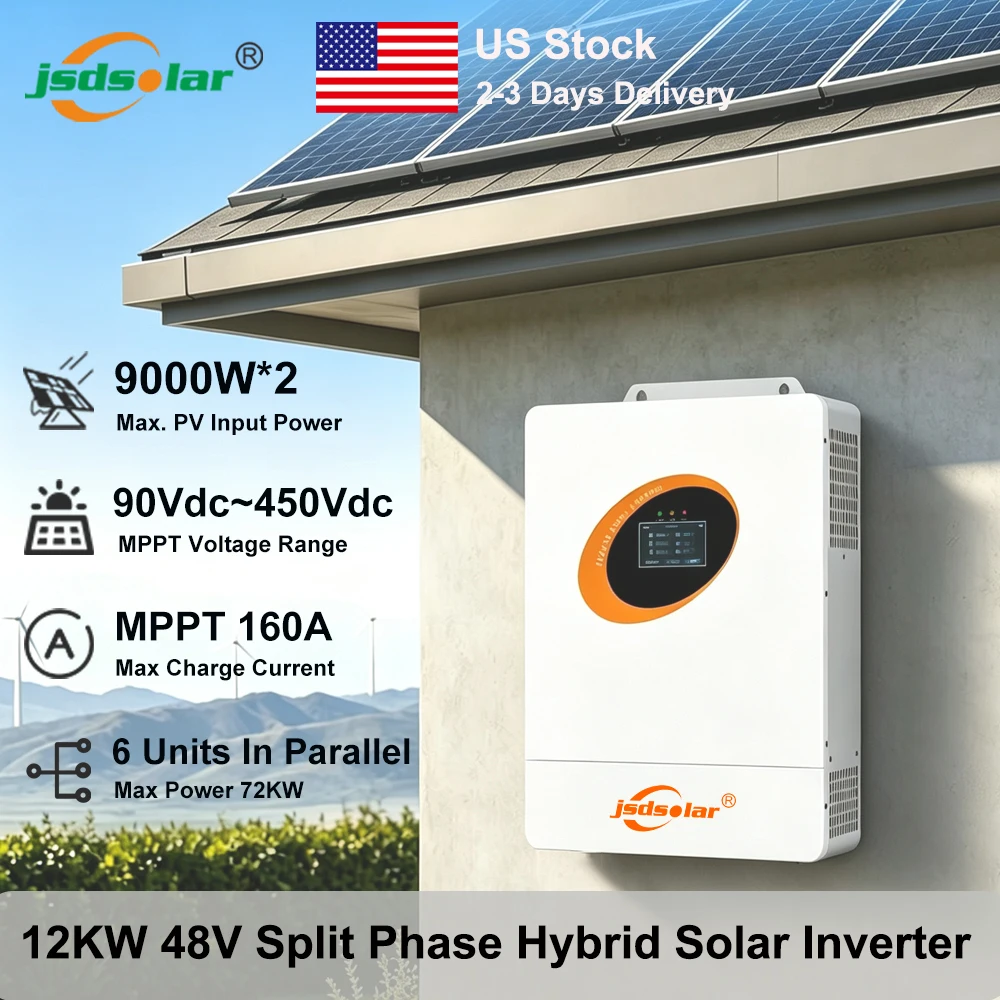 Jsdsolar 12KW Hybrid Solar Inverter 48V To 120/240VAC Split Phase PV Inverter Dual 160A MPPT Solar Charger With WiFi RS485 PV 500VDC Pure Sine Wave Parallel Inverter For Off/On Grid Home Solar System