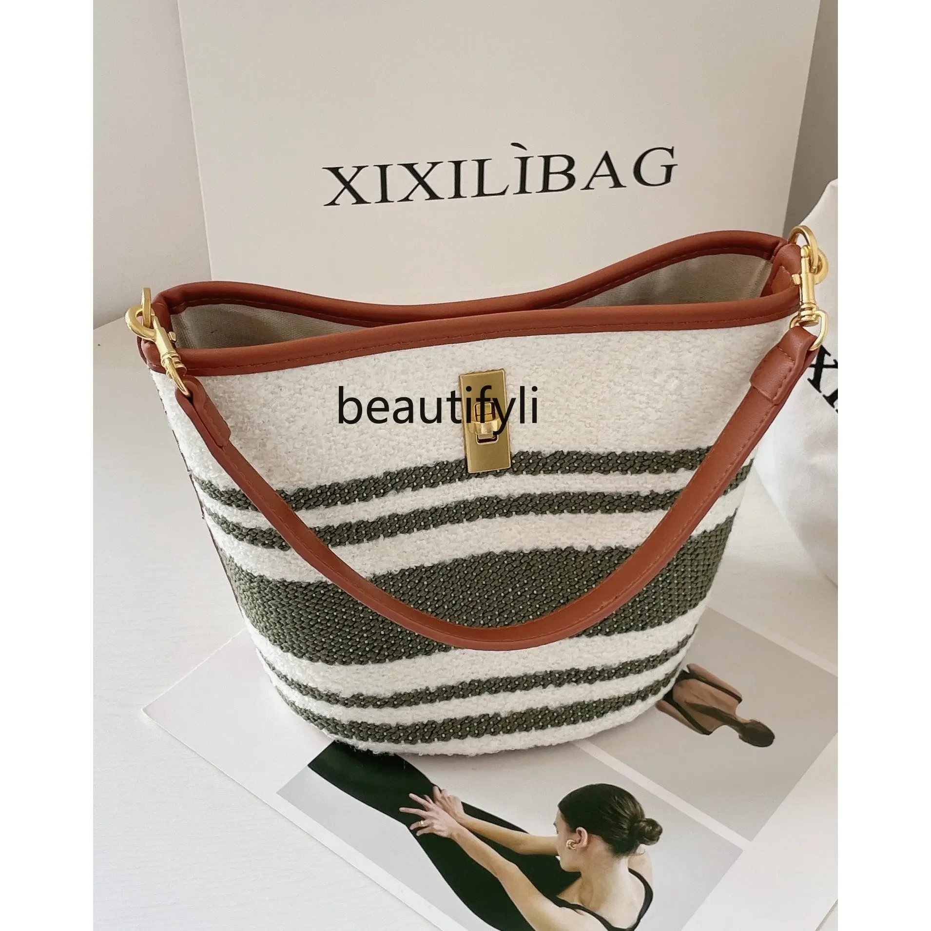 zq Niche Bucket Bag High-Grade Contrast Color Canvas Bag Women's Portable One-Shoulder Crossboby Bag