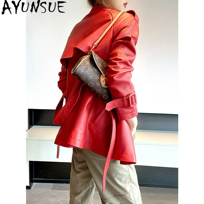 AYUNSUE سترة جلدية حقيقية النساء ملابس الخريف معاطف نسائية من جلد الغنم منتصف طول خندق حزام معطف مزاجه Jaqueta De Couro