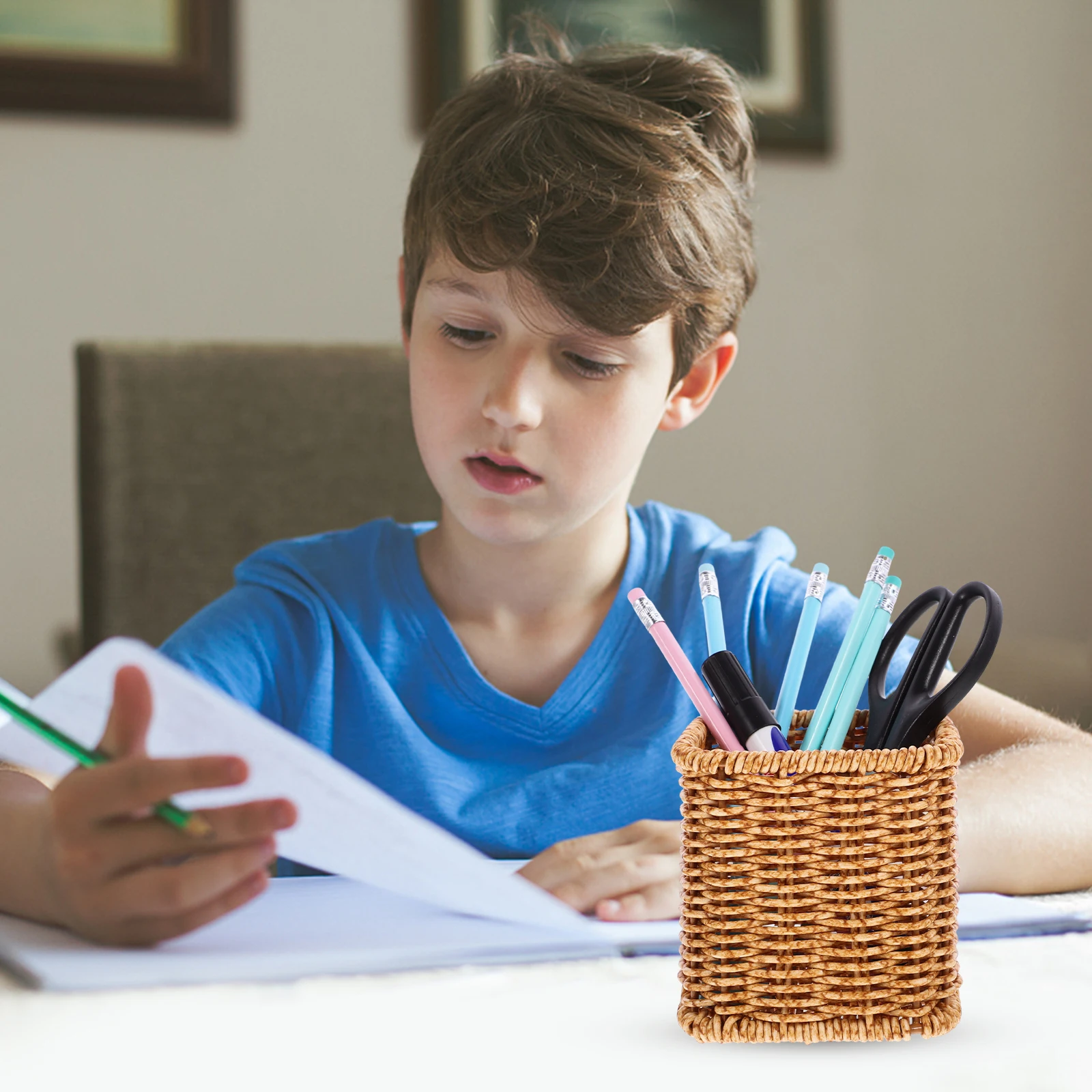 

Plastic Woven Pen Holder Desktop Organizer Stationery Storage Rustic Style Pencil Container Multi-Function Office Supply